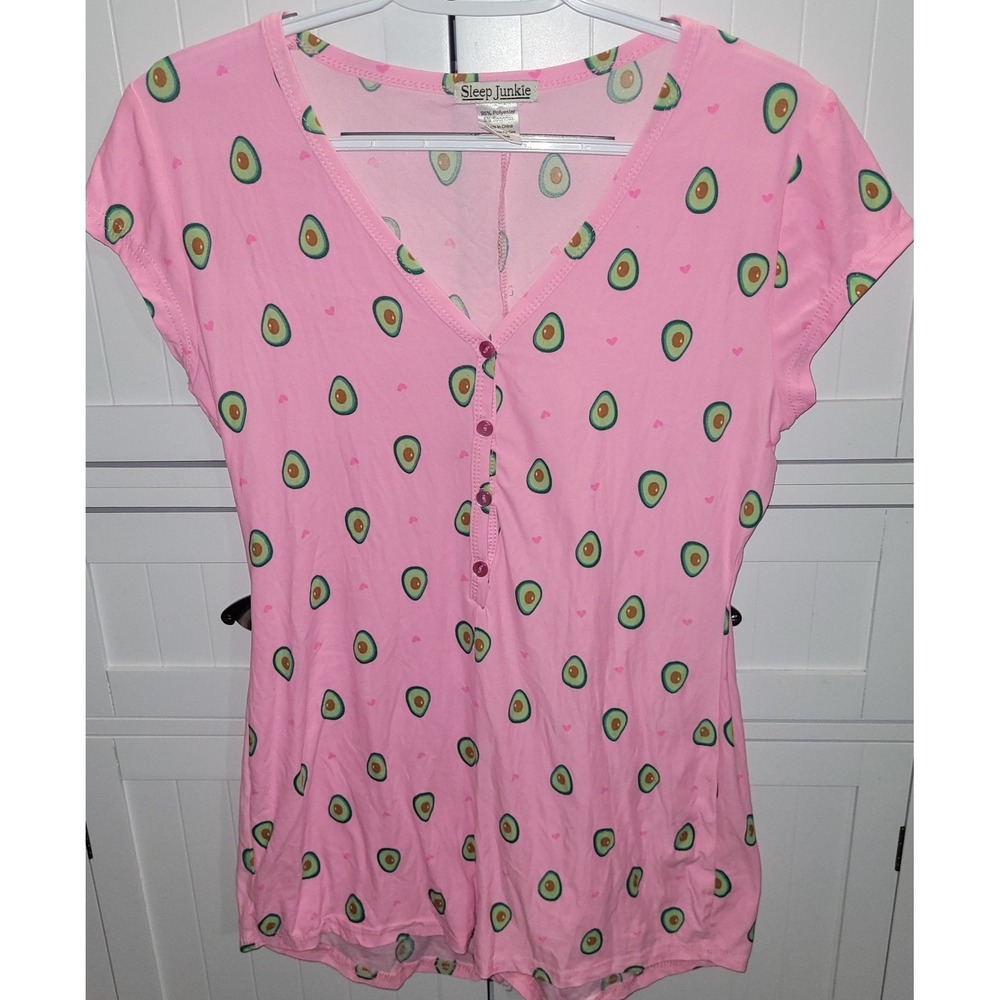 Sleep Junkie Womens Pink Avocado Heart Print Henley Short Sleeve Romper Large
